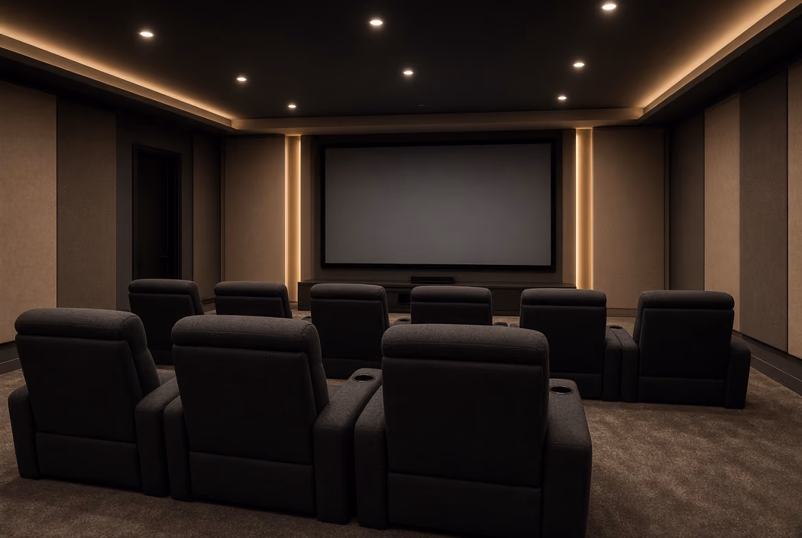 Modern basement home theater with two rows of black recliners facing a large blank screen.