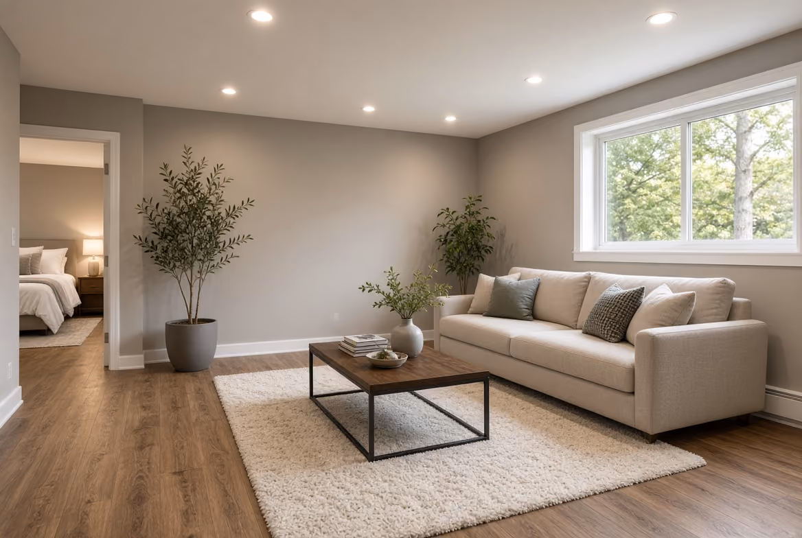 Modern living room with beige sofa, wood coffee table, white rug, two potted plants, and large window.