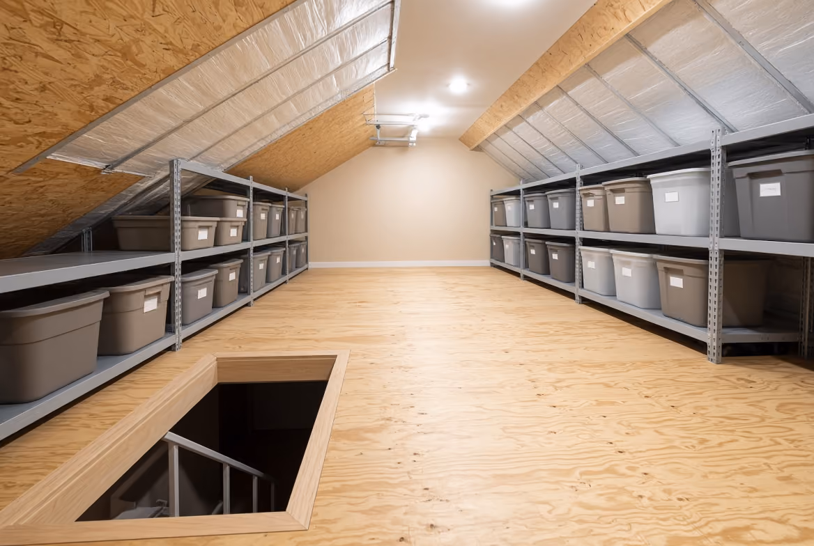 Clean attic storage with labeled plastic bins on metal shelves and a hatch opening to stairs.