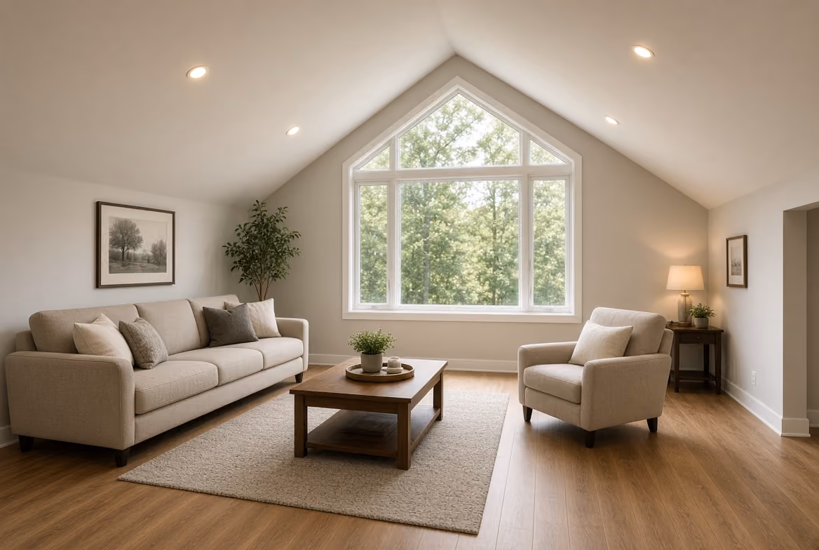 Modern attic living room with beige sofa, armchair, wooden coffee table, large window, and hardwood floor.