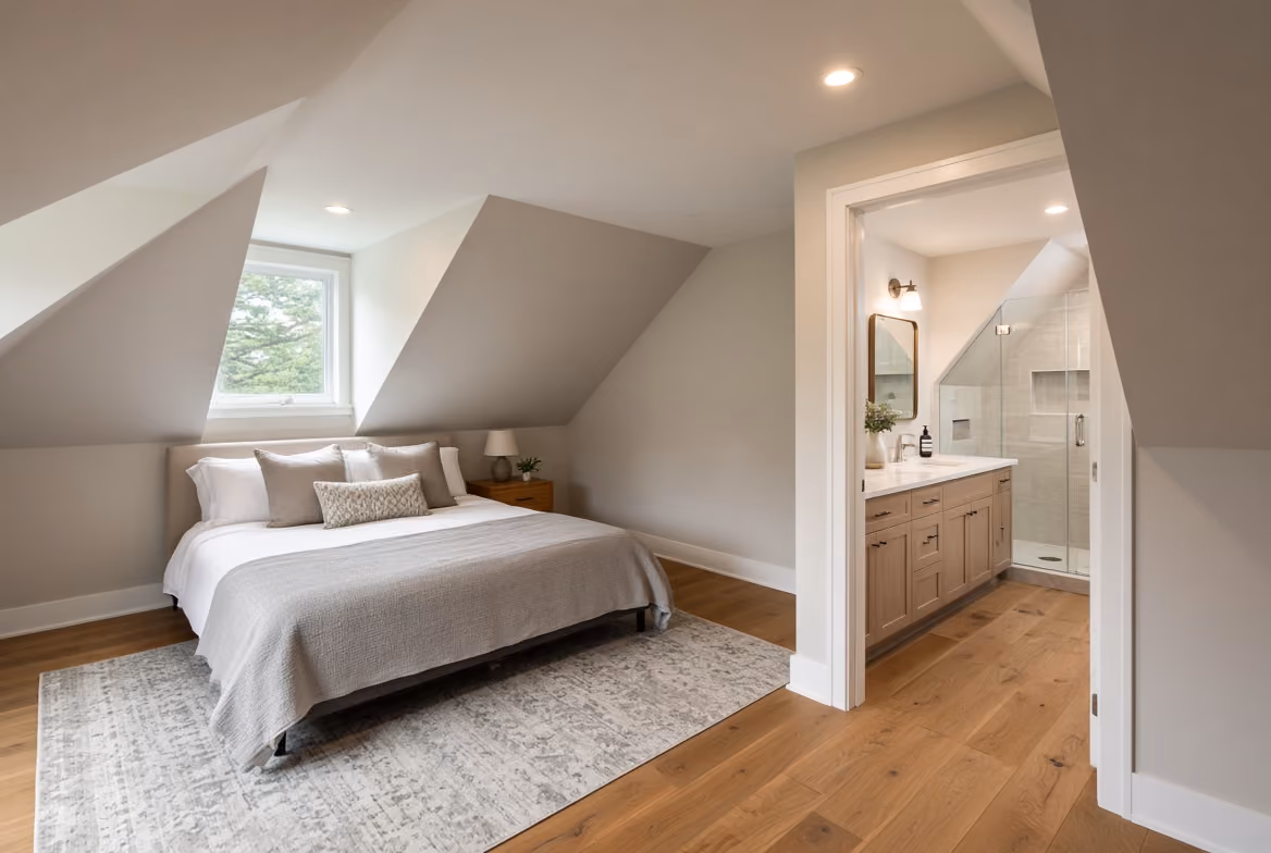 Cozy attic bedroom with a large bed, neutral decor, wooden floors, and an adjoining bathroom with a glass shower.