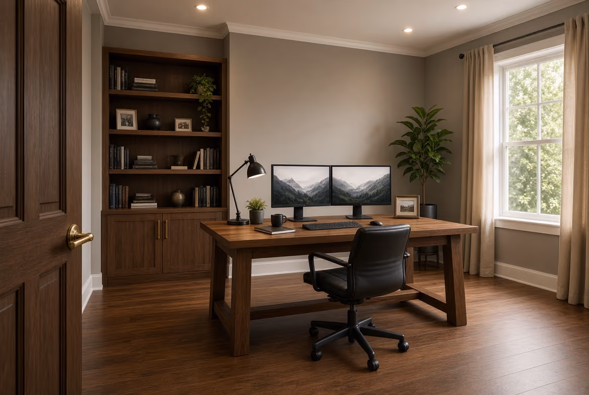 Home office with wooden desk, dual monitors, black chair, lamp, bookshelf, and window with beige curtains.