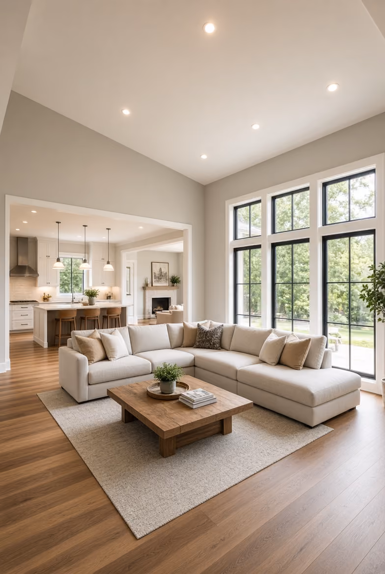 Spacious living room with large windows, beige sectional sofa, wooden coffee table, and open kitchen in background.