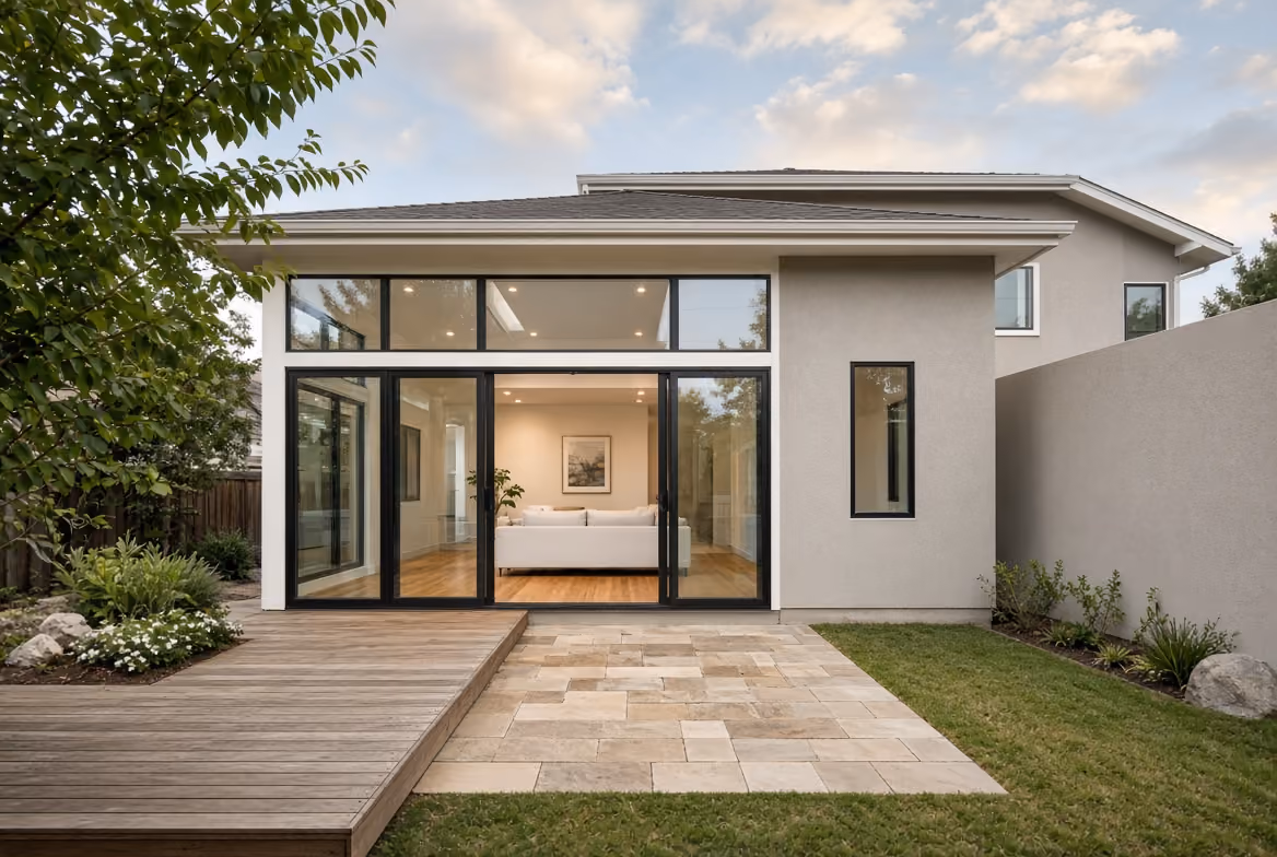 Modern house with large glass doors opening to a patio with wood and stone flooring and lawn.