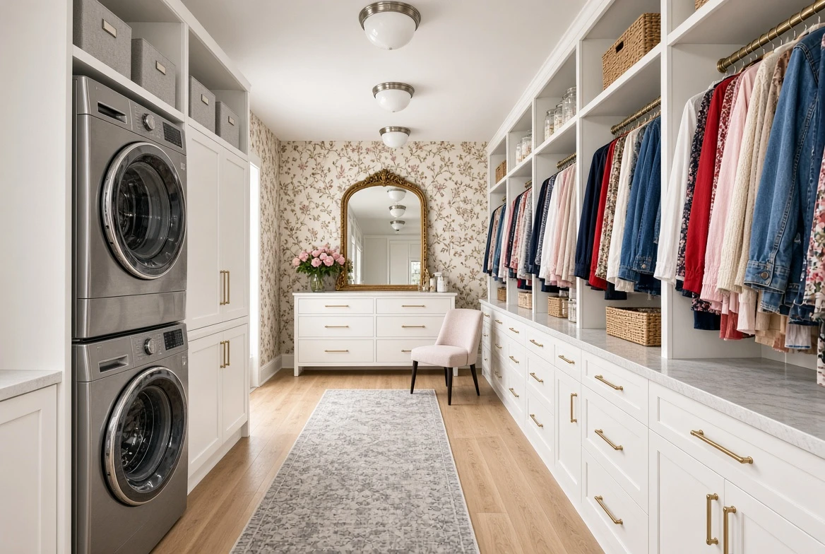 Light walk-in closet with stacked washer, dresser, hanging clothes, floral wallpaper, and a pink chair.