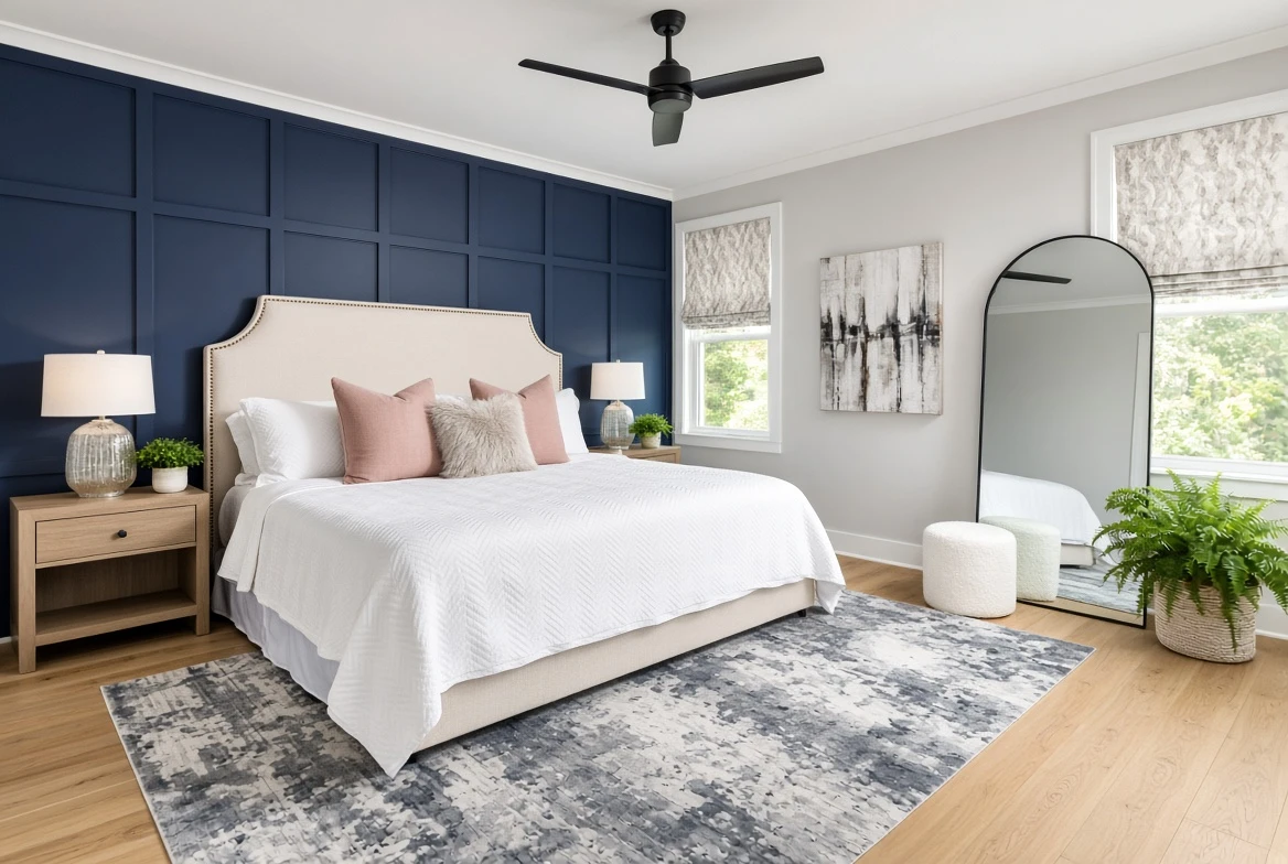 Modern bedroom with beige bed, white bedding, pink pillows, blue paneled wall, and wooden floors.