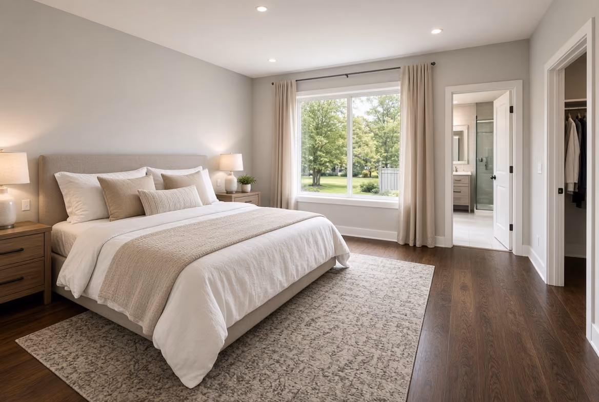 master suite with hardwood floors and view out the back