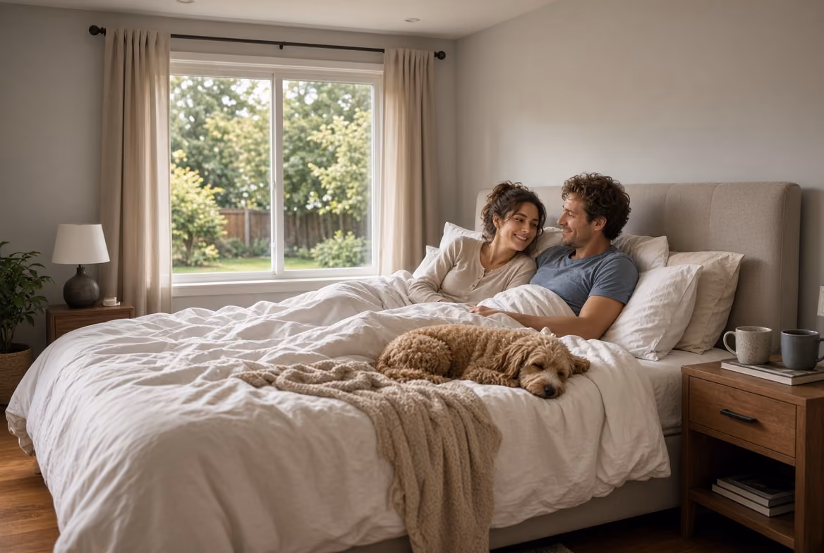 Couple lying in bed smiling at each other with a sleeping dog on white bedding in a cozy bedroom.