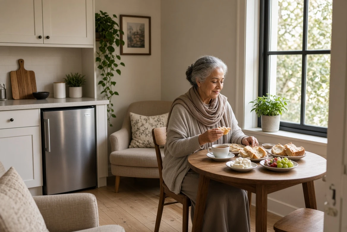 Older woman enjoying bread and tea at a wooden table next to a window with a potted plant.