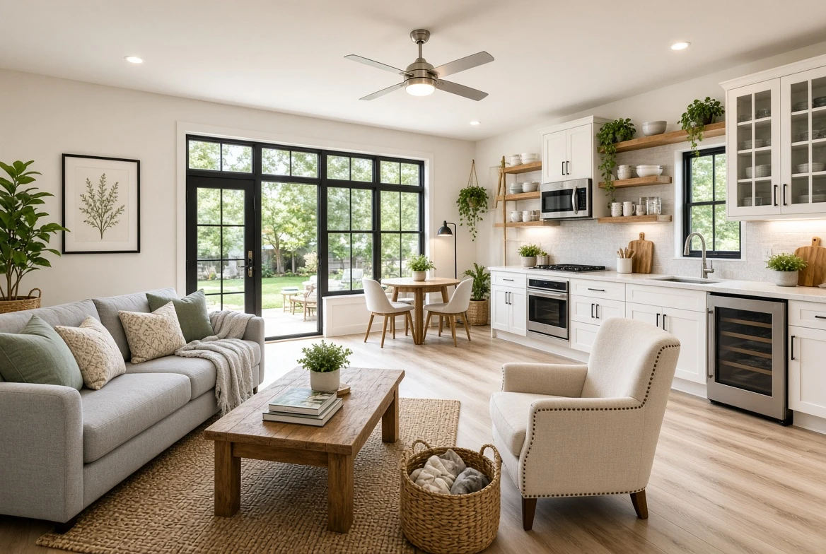 Bright open living room with gray sofa, beige armchair, wooden table, and white kitchen cabinets.