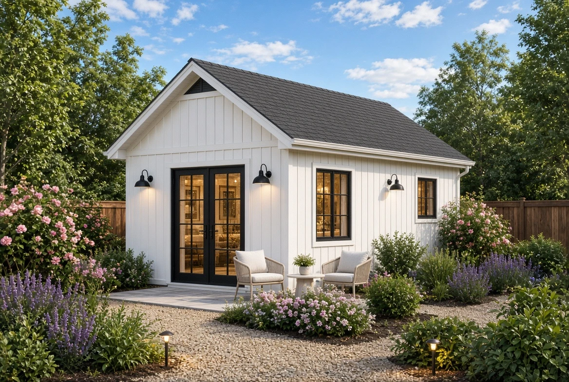 Small white detached house with black-framed glass doors, outdoor chairs, table, and garden path.