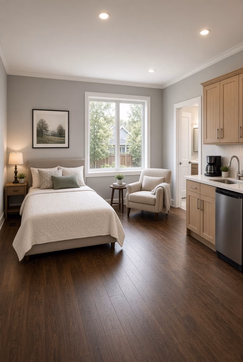 Modern bedroom with bed, armchair, window, wooden floor, nightstand, and kitchenette area.