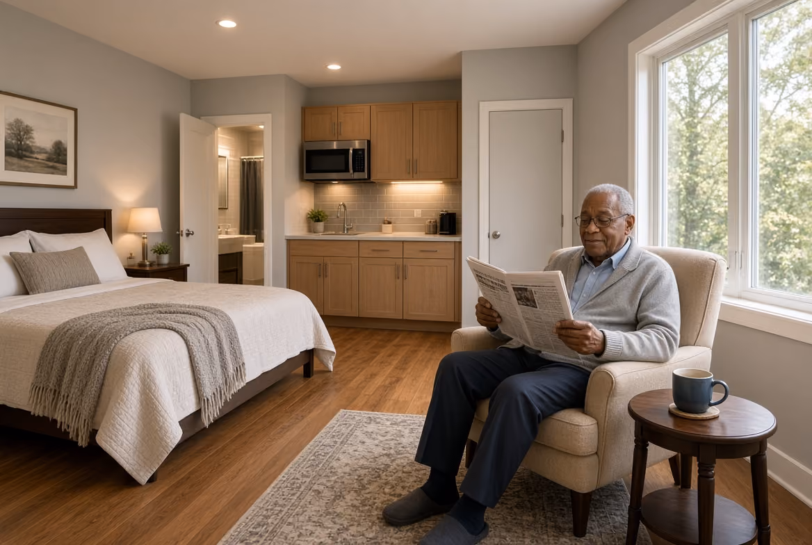 Elderly man sitting in armchair reading a newspaper in a cozy bedroom with kitchenette and large window.