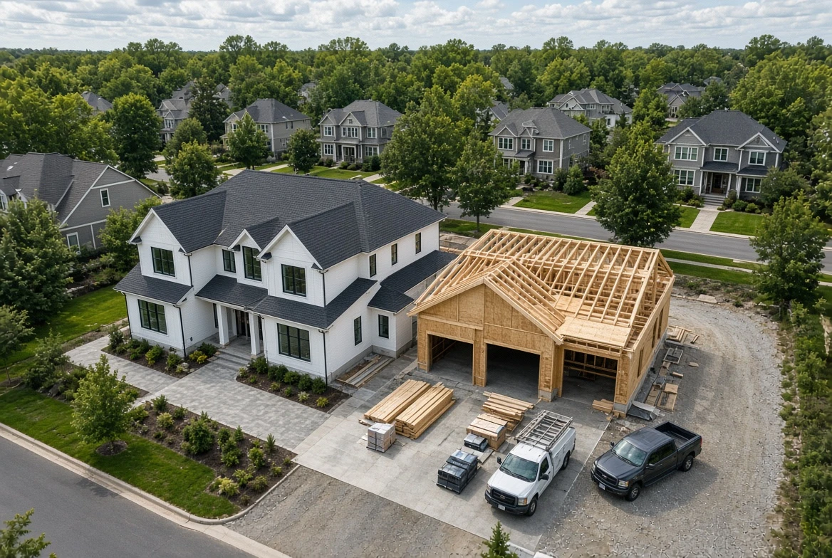 A large white house with dark roof next to a wooden garage under construction with two trucks parked in front.