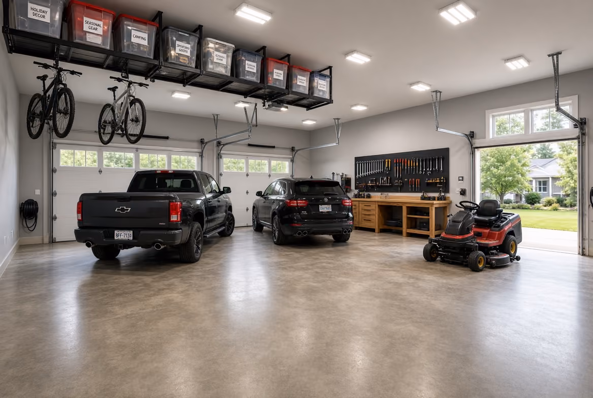 Spacious garage with two black vehicles, a riding mower, bicycles hanging, and organized storage bins and tools.