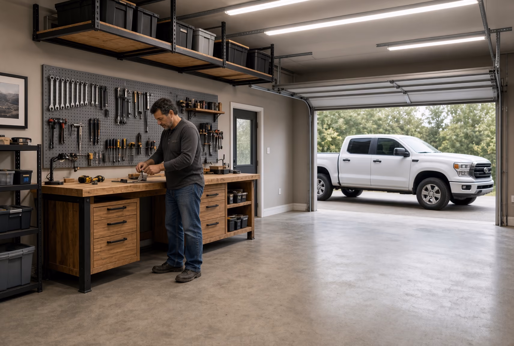 Man working at a wooden workbench in a spacious garage with tools on the wall and a white truck outside.