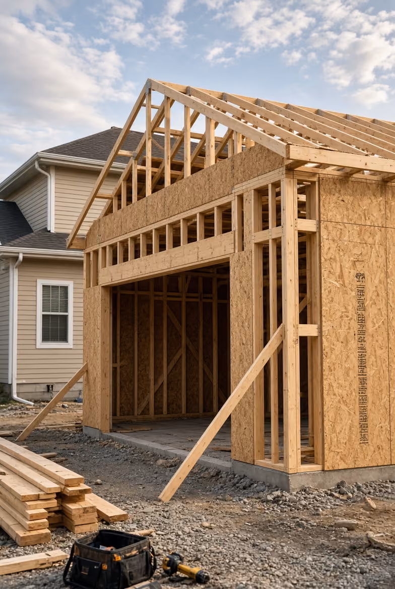 Wooden framework of a garage addition under construction beside a beige house on a gravel surface.