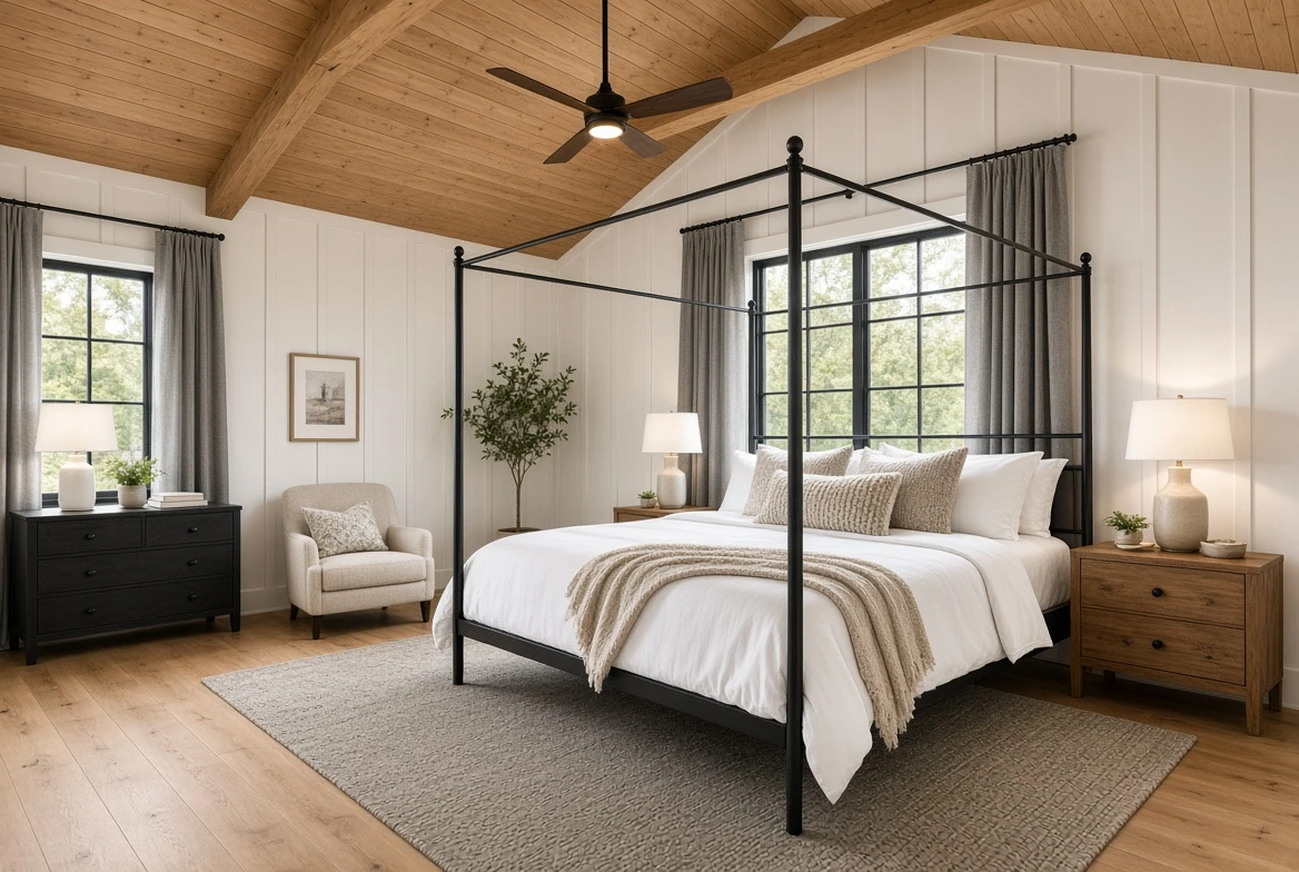 Modern bedroom with wood ceiling, black four-poster bed, neutral decor, and large windows with gray curtains.