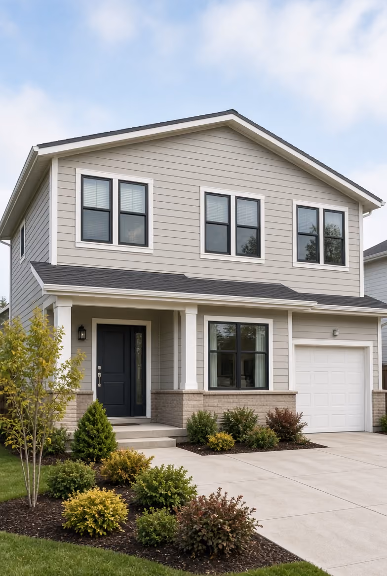 Two-story gray house with black door, white garage door, and landscaped front yard with shrubs.