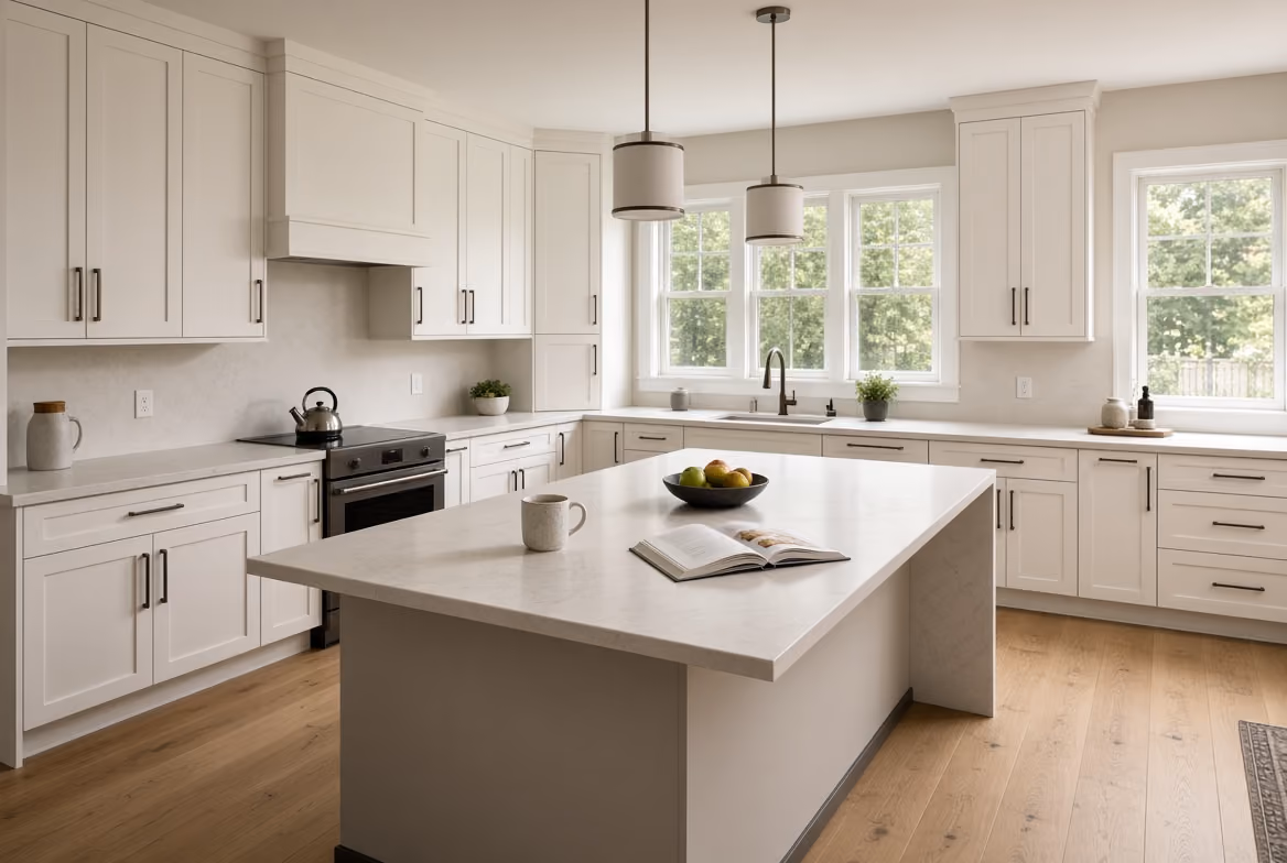 Modern kitchen with white cabinets, island with fruit bowl and open book, and large windows above sink.