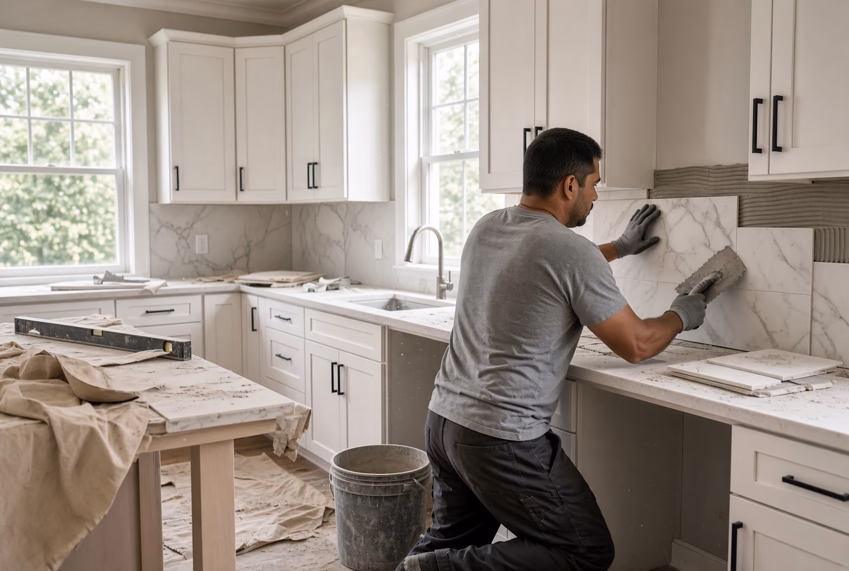 Man installing marble tiles on a white kitchen backsplash under white cabinets with black handles.
