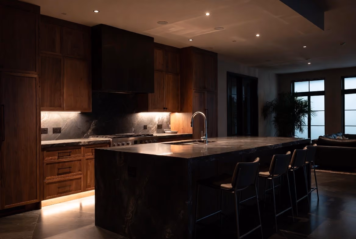 Dark modern kitchen with large marble island, under-cabinet lighting, and bar stools at the counter.