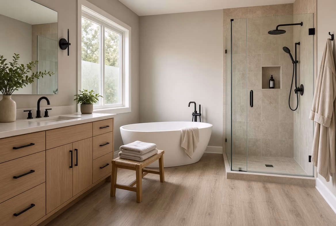 Modern bathroom with freestanding tub, glass shower, wooden vanity, and natural light from window.
