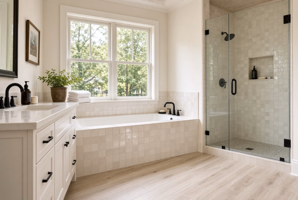 Bright bathroom with white tiled bathtub, glass shower, wooden floor, and a large window showing trees.