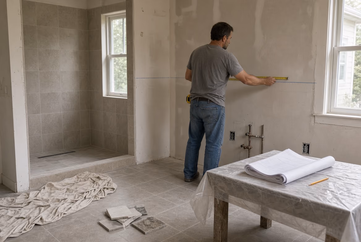 Man measuring wall in unfinished bathroom with tiled floor and shower area under construction.