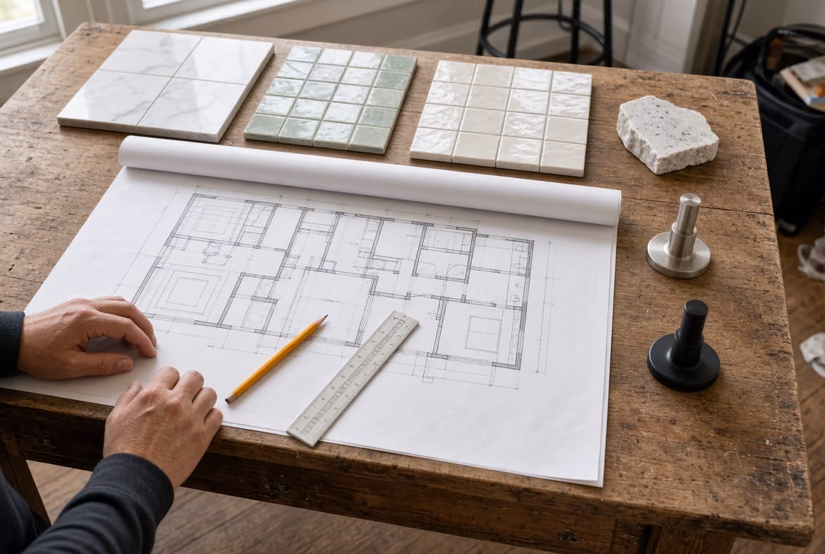 Architectural blueprint on a wooden table with tile samples, a ruler, and two hands nearby.