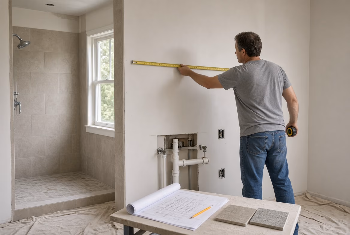 Man using tape measure on a bathroom wall next to plumbing and a tile shower under construction.