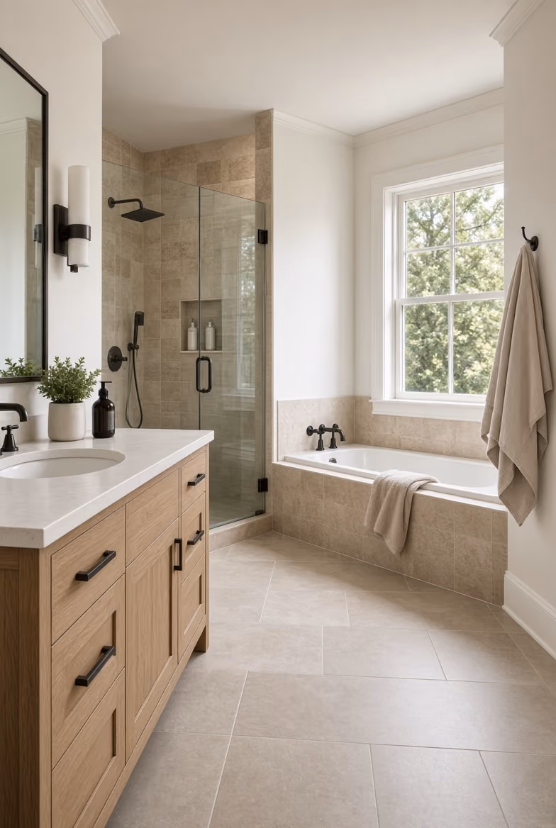 Modern bathroom with wood vanity, white countertop, glass shower, tiled floor, and bathtub under window.