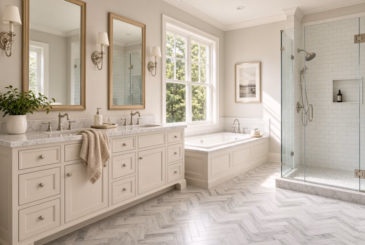 Bright beige bathroom with double sink vanity, large window, bathtub, and glass-enclosed shower.