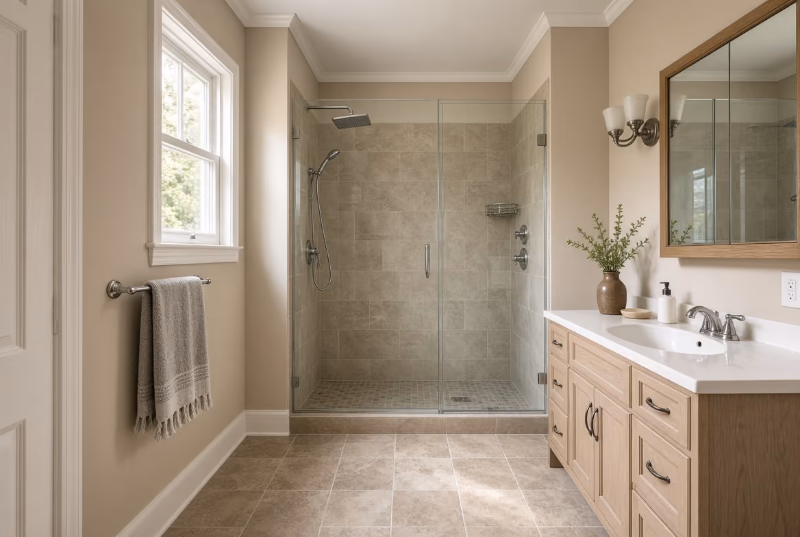 Modern bathroom with beige tile floor, glass walk-in shower, wood vanity, and window with towel rack.