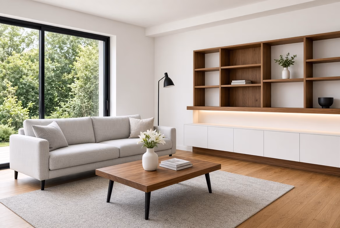 Modern living room with light gray sofa, wooden coffee table, floor lamp, and wall shelves with decor.