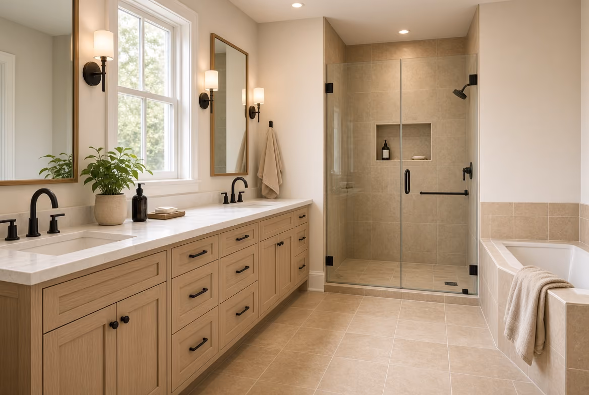 Modern bathroom with double vanity, large mirrors, glass shower, and bathtub with towel.