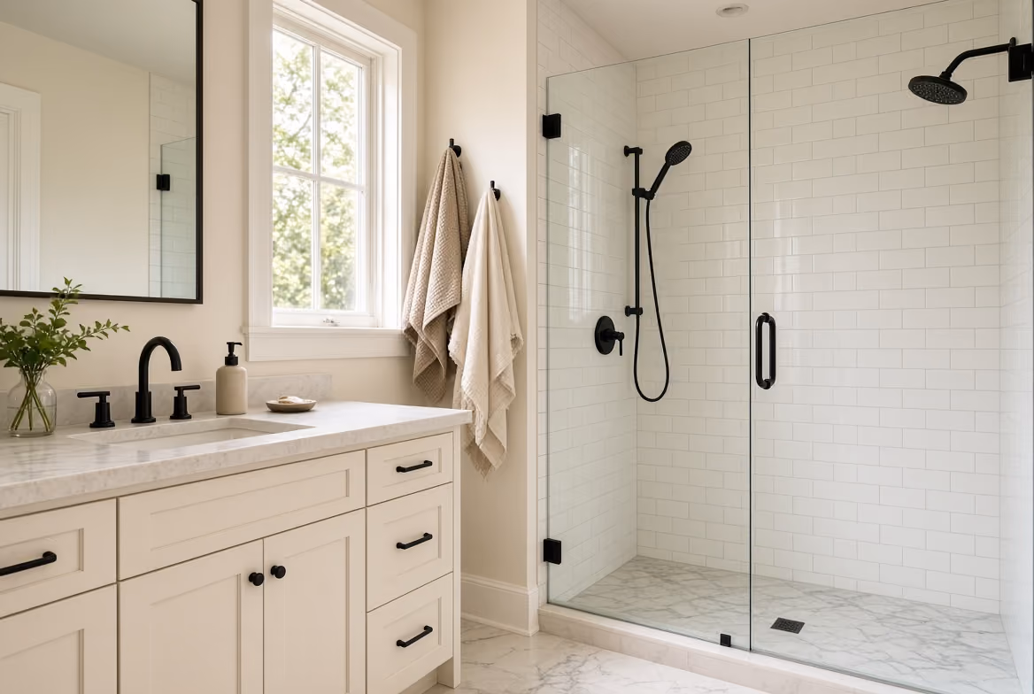 Modern bathroom with white vanity, black fixtures, two towels, and glass shower with black showerheads.