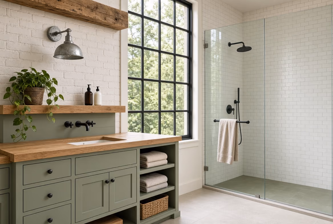 Farmhouse bathroom with olive green vanity, wood countertop, large window, and walk-in glass shower.