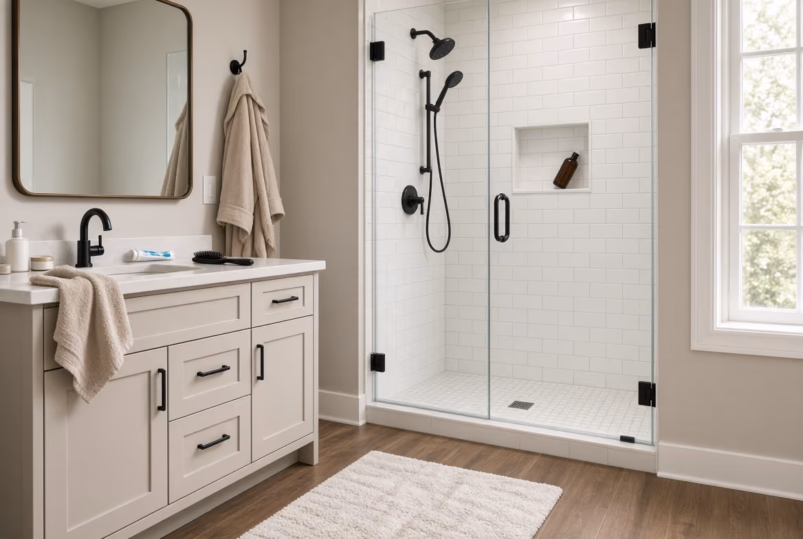 Modern bathroom with glass shower, white tile walls, black fixtures, beige vanity, and wooden floor.