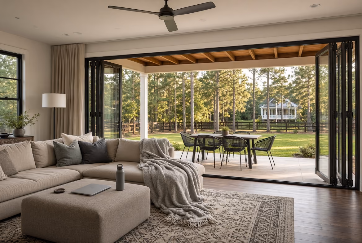Modern living room with beige sectional sofa, ottoman, and open glass doors to outdoor dining patio and trees.