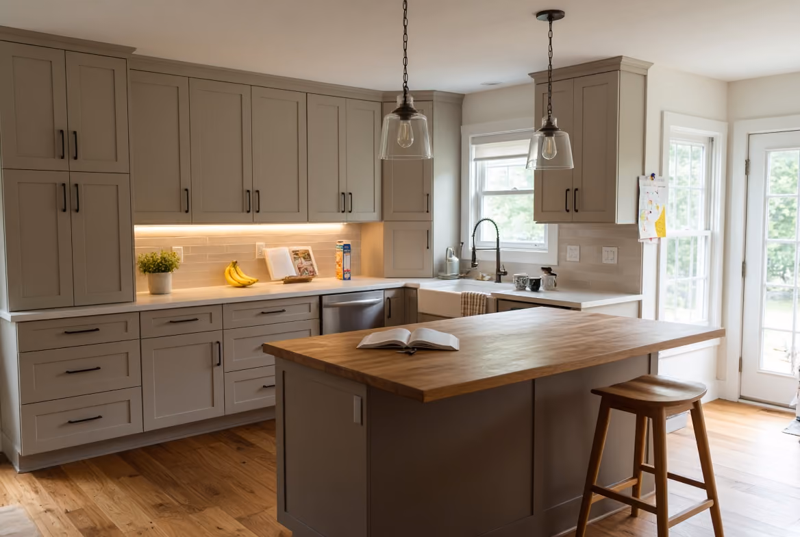 Modern kitchen with gray cabinets, wooden island, pendant lights, and large windows with natural light.