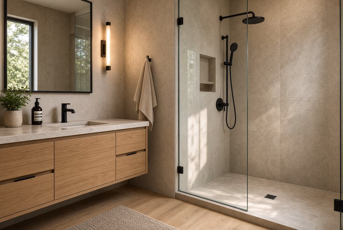 Modern bathroom with wooden vanity, large mirror, potted plant, and glass shower with black fixtures.