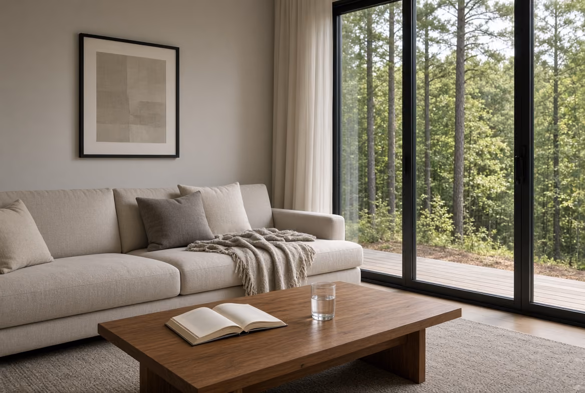 Minimalist living room with beige sofa, wooden coffee table, and large window showing forest outdoors.