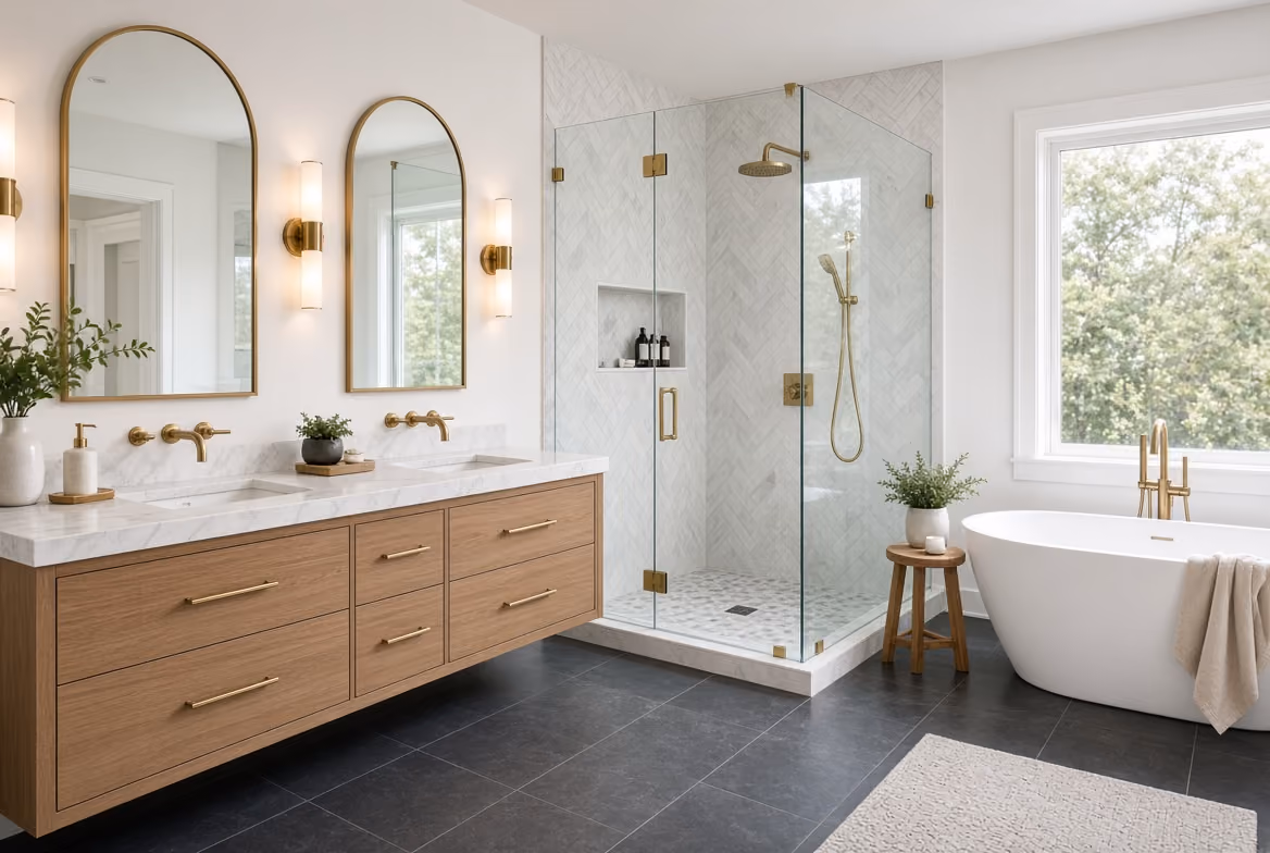 Modern bathroom featuring a double vanity with wood drawers, white marble countertop, and two arched mirrors with brass fixtures, a glass-enclosed shower with brass hardware, and a freestanding white bathtub next to a large window with greenery outside.