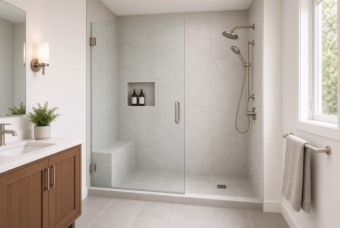 Modern bathroom with large glass-enclosed shower featuring built-in bench, rainfall and handheld showerheads, gray tiles, light wood vanity with white countertop, a plant, wall sconce, and a window with natural light and towel rack.