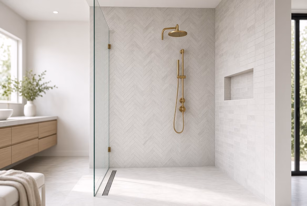 Modern walk-in shower with gold showerhead and fixtures set against light gray herringbone tile wall, clear glass partition, and built-in wall niche, next to a wooden cabinet and large window.