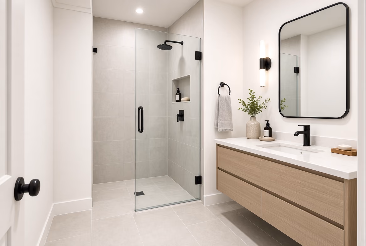 Modern bathroom with a glass walk-in shower featuring black hardware and a built-in shelf, light wood vanity with white countertop, black faucet, rectangular mirror with black frame, wall sconce, and a small plant on the vanity.