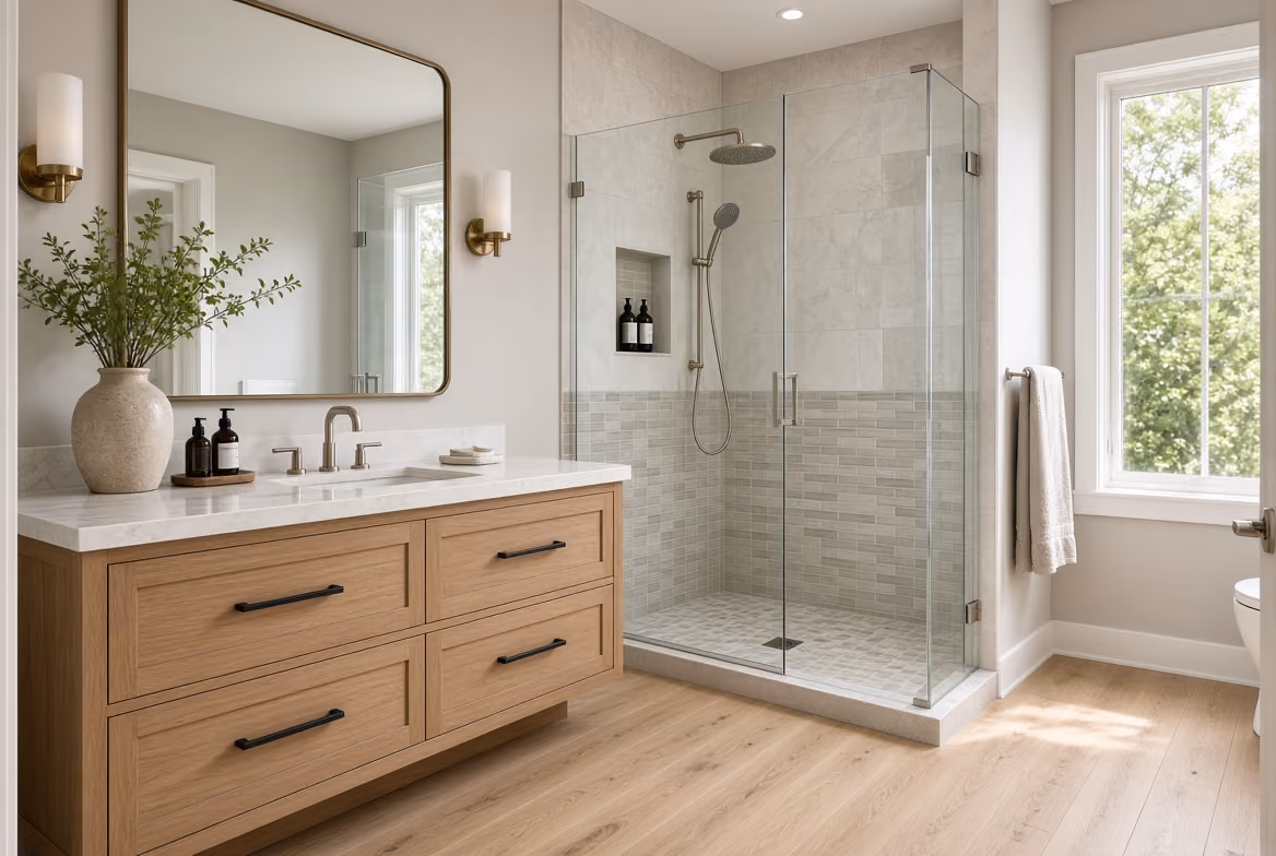 Modern bathroom with light wood vanity featuring four drawers and a white countertop, a large rectangular mirror with rounded edges and two wall sconces, a glass-enclosed shower with overhead and handheld showerheads, and a towel rack next to a large window showing green trees outside.