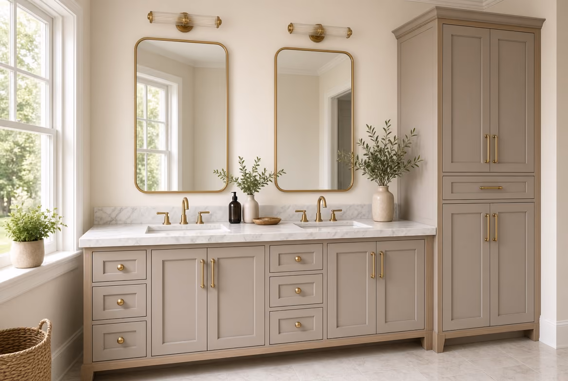 Modern bathroom vanity with beige cabinets featuring gold handles, double sinks with gold faucets, two large rectangular mirrors with rounded corners, and two gold wall lights above each mirror. A tall matching storage cabinet is on the right side. Plants in beige vases and a black soap dispenser decorate the marble countertop. A large window with white framing lets in natural light from the left.