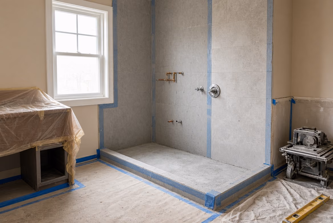 Unfinished bathroom under renovation with a framed shower base and wall covered in tiles, pipes visible for plumbing, a window letting in natural light, a covered cabinet, and construction tools on the floor.